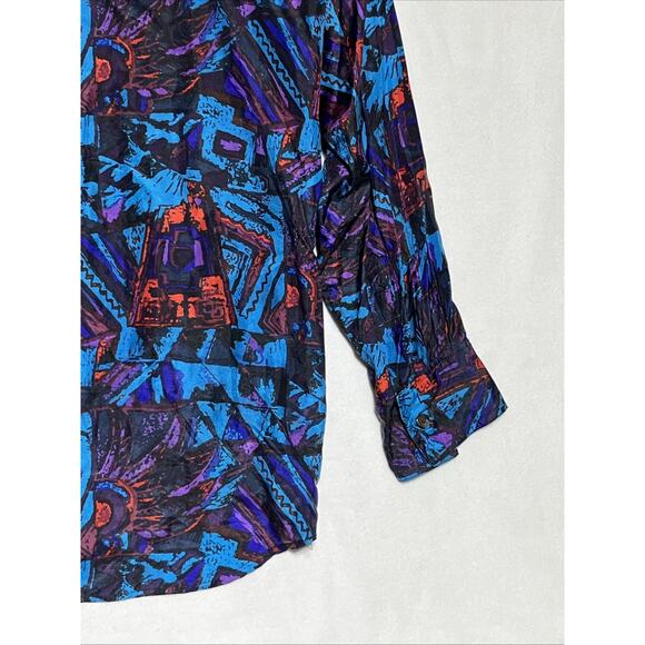 Vintage In Private Mens Long Sleeve Shirt M Silk Blue Abstract Button Up 80s 90s - Picture 8 of 14